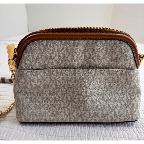 NEW Michael Kors Vanilla/Acorn LG Zip Dome Crossbody Bag Gold Chain Strap - Picture 10 of 15